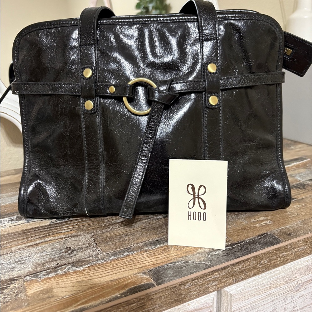 HOBO Shiny Black Leather Tote with Gold Details
